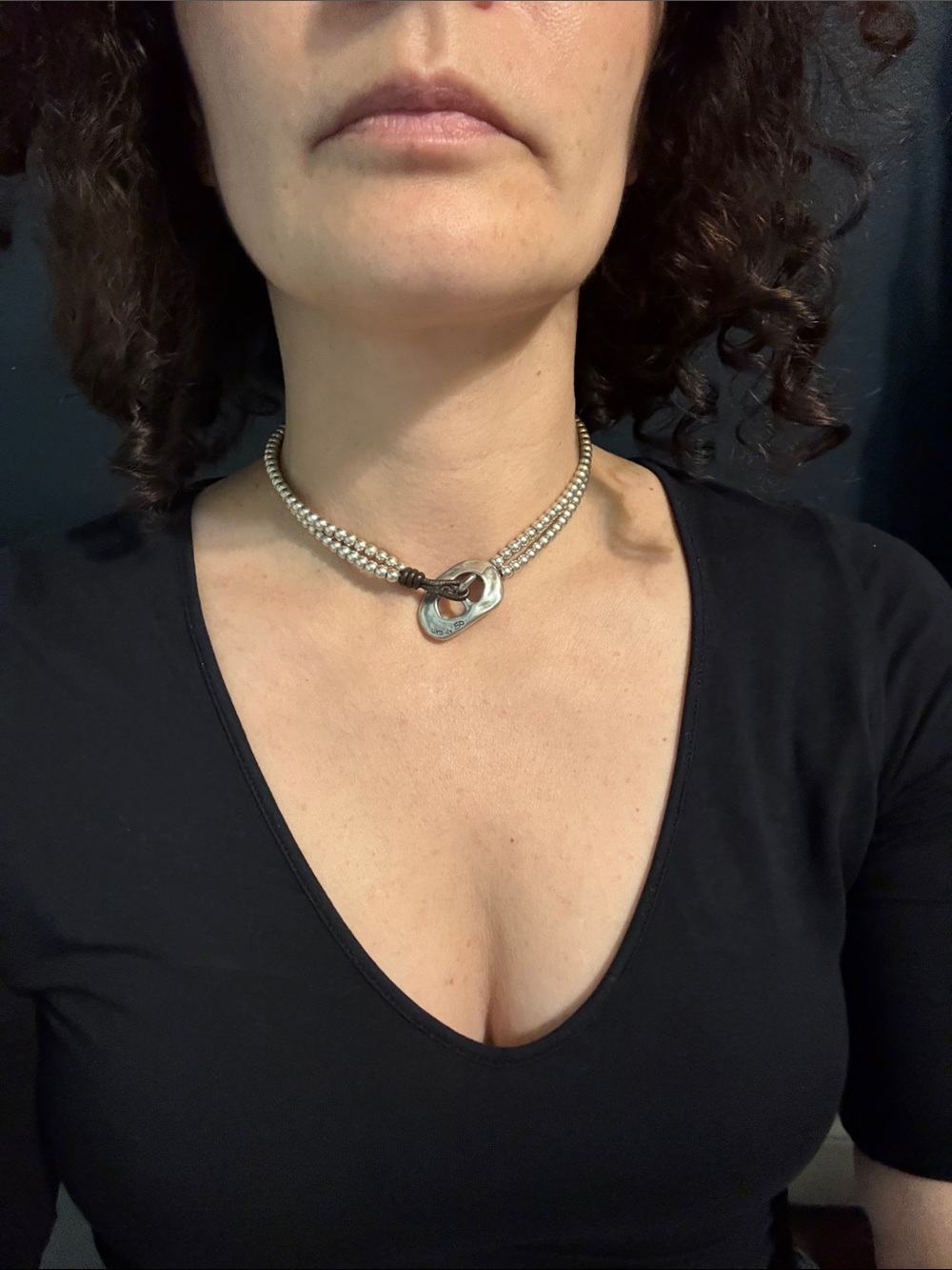 UNO de 50 Double Strand Pearl Choker Necklace with Silver Toggle Pendant